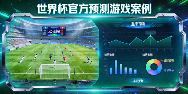 世界杯官方预测游戏案例封面 - 虚拟足球赛场与数据图表界面